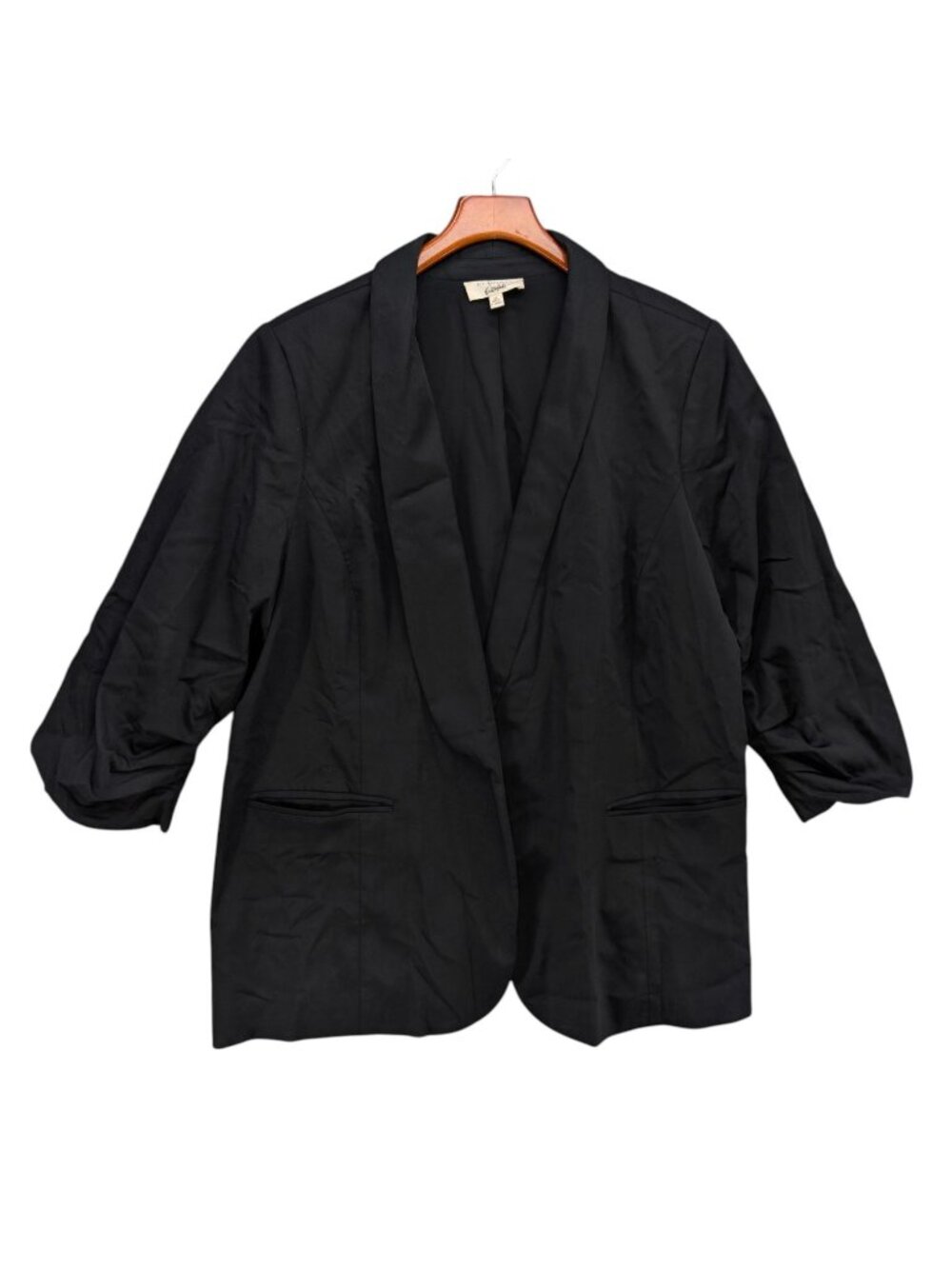 Eloquii Ruched Blazer Womens Black 3/4 Sleeve Open Front Shawl Collar Size 22